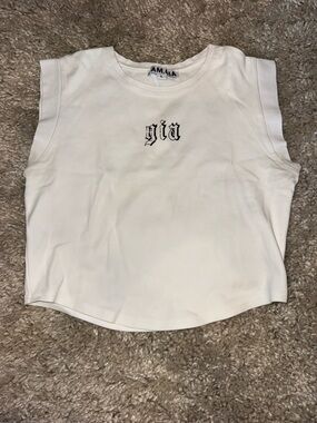 I.AM.GIA White Crop Tank with Black 'gia' Embroidery